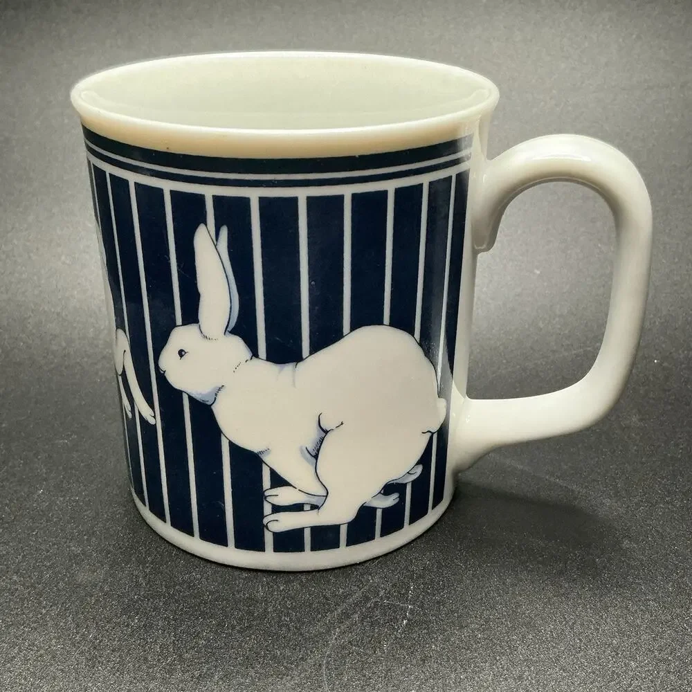 Curzon Running Easter Rabbit Ceramic Coffee Mug Blue‎ & White Stripes, Vtg.